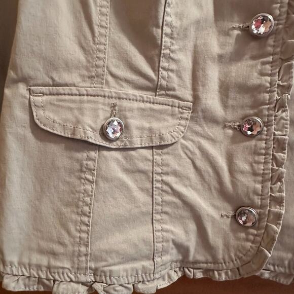 Fitted Ruffle Beige Khaki Jacket Clear Rhinestone Gem Button Up - Size M - Picture 3 of 15